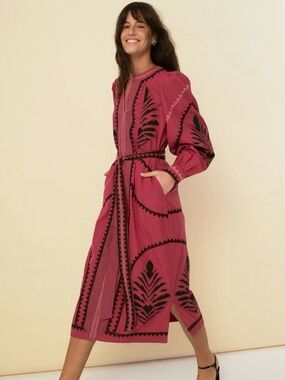 Embroidered Magenta Midi Dress with Waist Tie